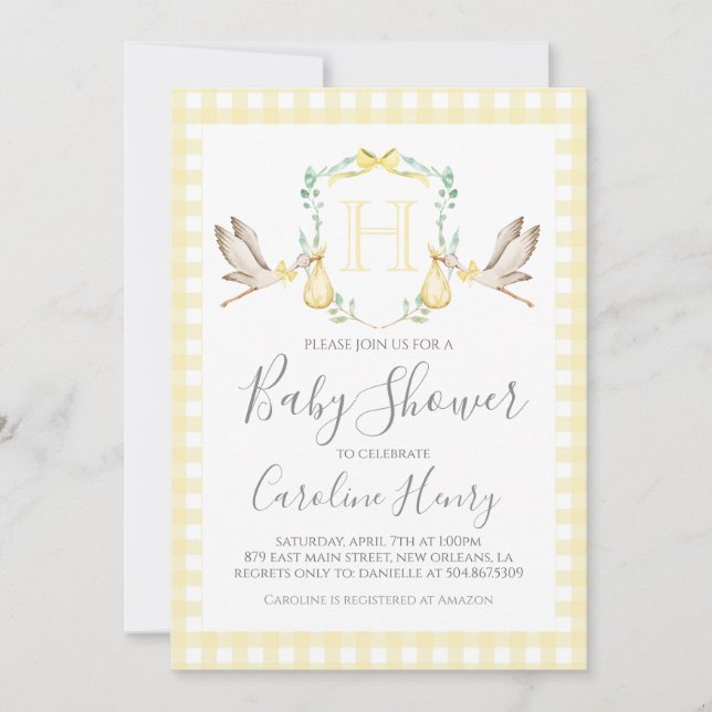 Baby Shower Preppy Gingham Stork Neutral Yellow Einladung (Vorderseite)