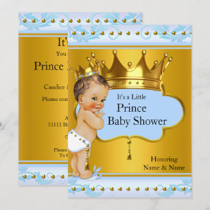 Baby Shower Prince Boy Blue Gold Crown Brünett Einladung