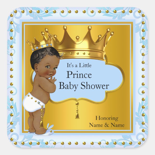 Baby Shower Prince Boy Blue Gold Crown Ethnic Quadratischer Aufkleber (Vorderseite)