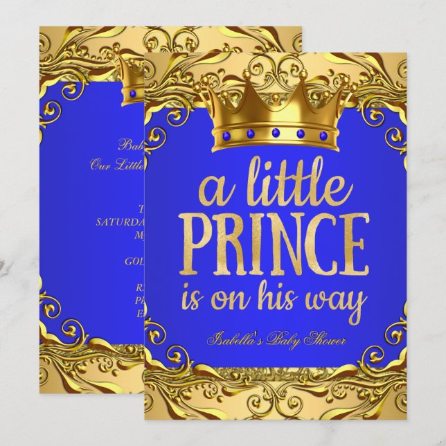 Baby Shower Prinz auf seinem Weg Gold Royal Blue Einladung (Vorne/Hinten)