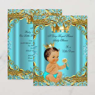 Baby Shower Prinz Gold Türkis Aqua Brünette Einladung