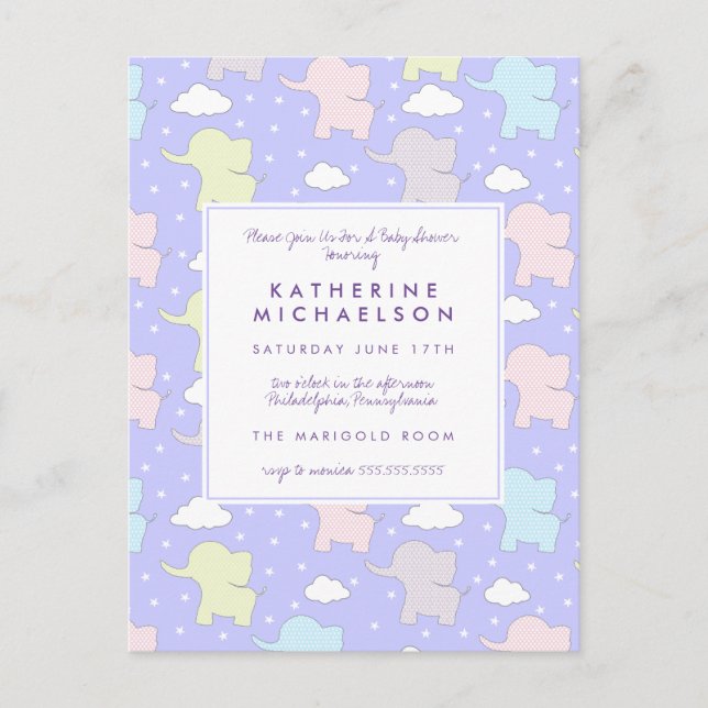 Baby shower | Purple Pastel Elephants Carte postal (Devant)