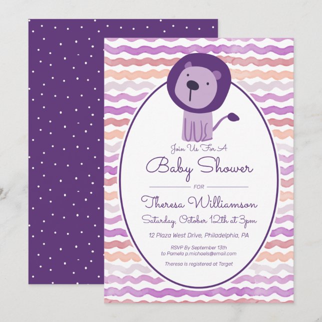 Baby shower | Purple Watercolor Lion Invitation (Devant / Derrière)