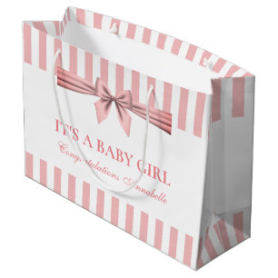 Baby shower rayé rose et blanc Grand sac cadeau