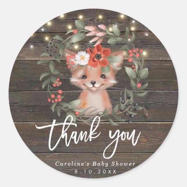 baby shower renard rustique en bois merci sticker (Devant)