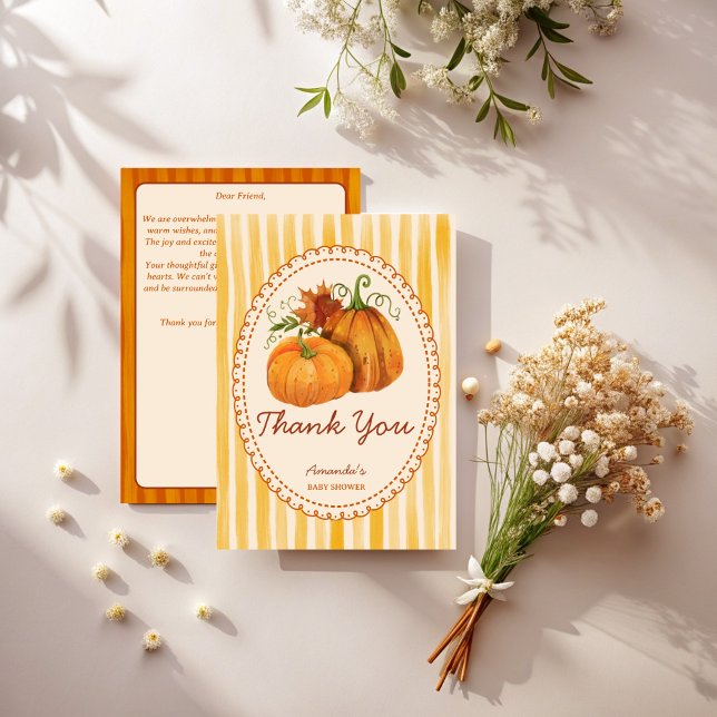 Baby shower rétro petit citrouille merci cartes (Little pumpkin retro stripes fall baby shower thank you cards template)
