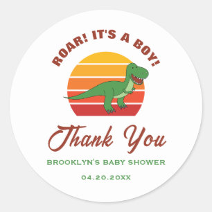 Baby Shower Retro Sonnenuntergang Dinosaurier Brül Runder Aufkleber