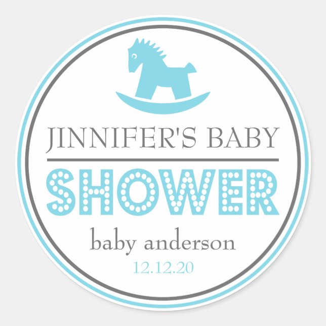 Baby Shower Rocking Horse Gefallen (blau / grau) Runder Aufkleber (Vorderseite)