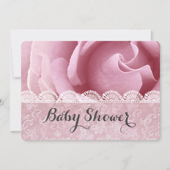 BABY SHOWER Rosa Blume mit Spitzen und Damask A06Z Einladung (Vorderseite)
