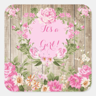 Baby Shower Rosa Floral Rustikales Holz Mädchen Quadratischer Aufkleber