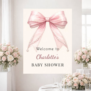 Baby-Shower rosa Schleife creme elfenbein Perlen W Poster