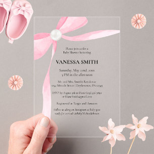 Baby Shower Rosa Schleife Weiße Perle Baby Mädchen Acryleinladungen