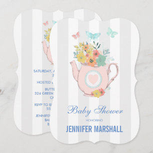 Baby Shower Rosa Teekanne mit Blumen & Schmetterli Einladung