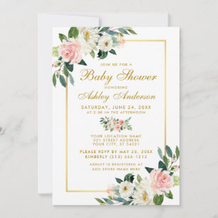Baby shower Rose Blanc Or Floral Invitation