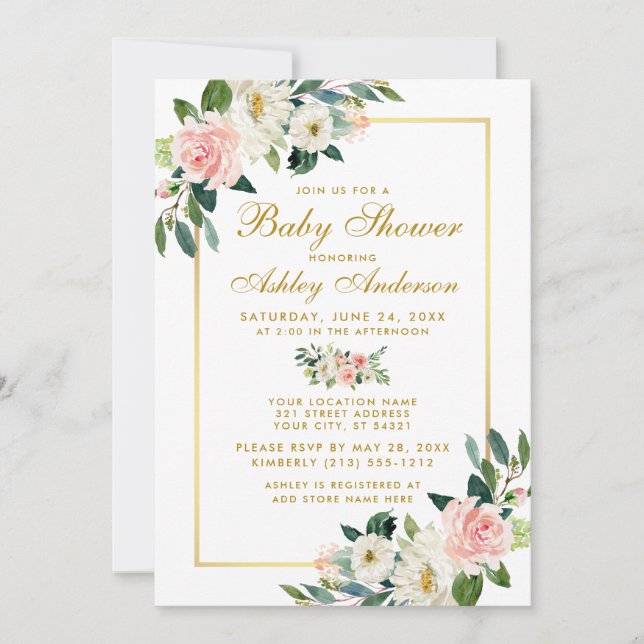 Baby shower Rose Blanc Or Floral Invitation (Devant)