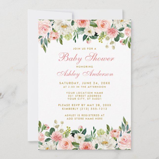 Baby shower Rose Blush Floral Blanc Or Invitation  (Devant)