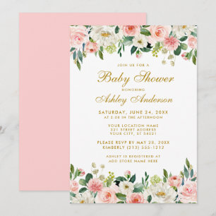 Baby shower Rose Blush Floral Blanc Or Invitation 