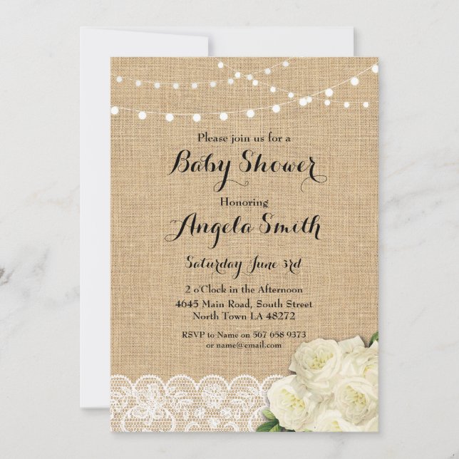 Baby shower Rose Burlap Lace Invitation (Devant)