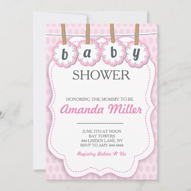 Baby shower rose clothespine invitations (Devant)
