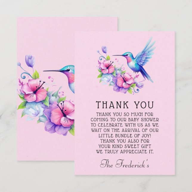 Baby shower rose colibri fille Merci (Devant / Derrière)