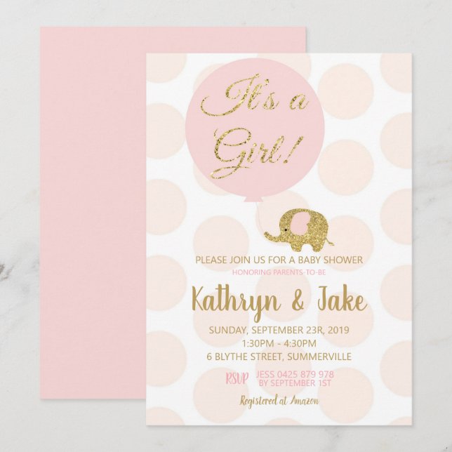 Baby shower rose et or Eléphant Invitation fille (Devant / Derrière)