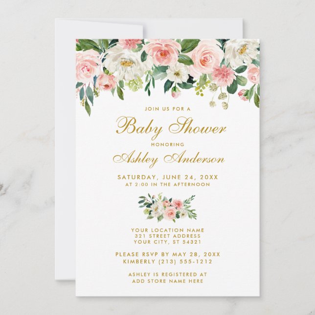 Baby shower rose Floral Blanc or Invitation (Devant)