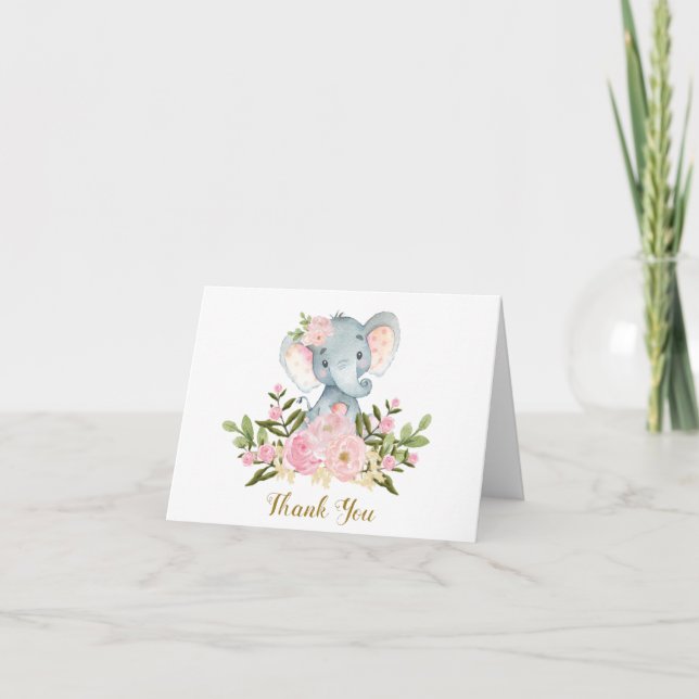 Baby shower rose Floral Elephant Merci Note (Devant)