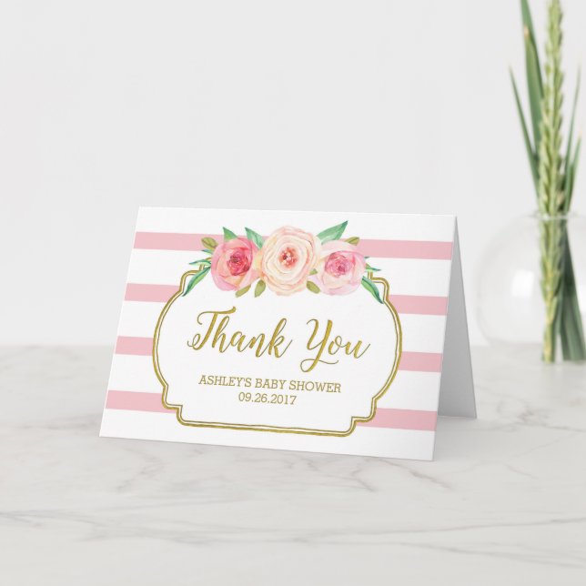 Baby shower rose Floral rayures Or Merci (Devant)