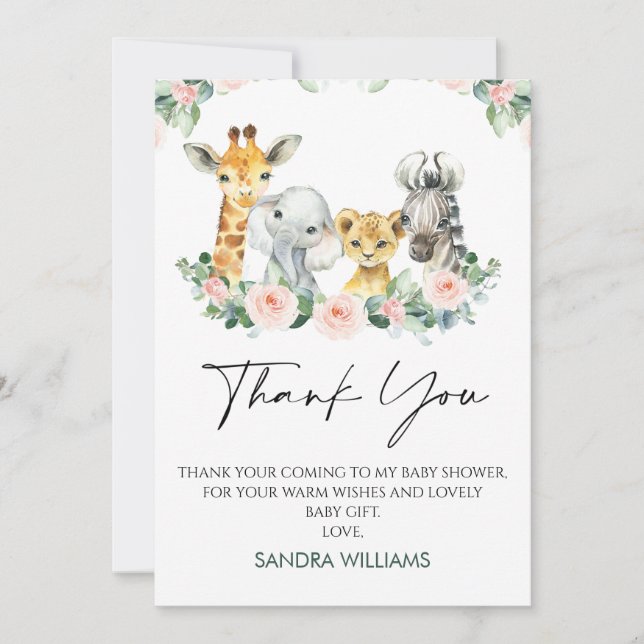 Baby shower rose Floral Safari Carte de remercieme (Devant)