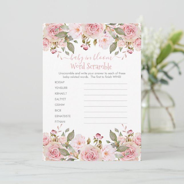 Baby shower rose Floral Word Scramble Carte de jeu (Debout devant)