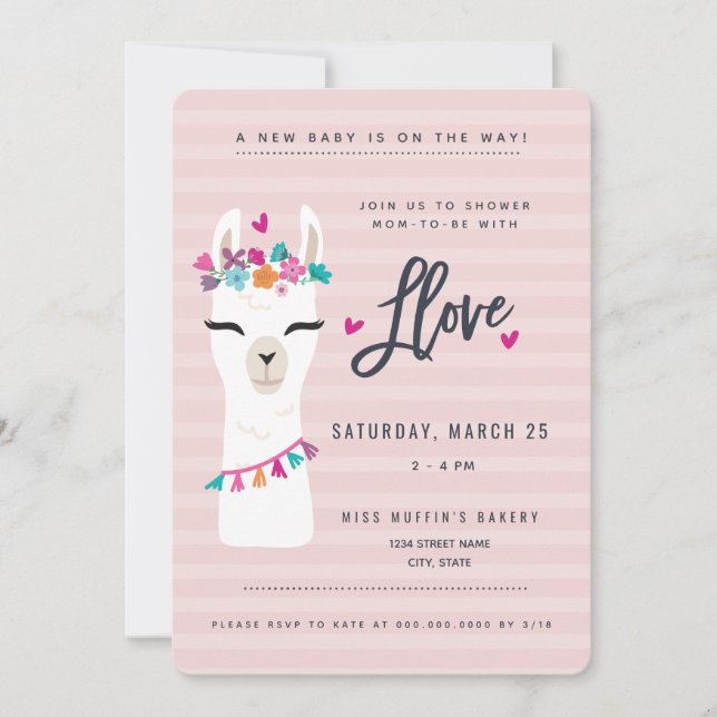 Baby shower Rose Lama Invitation // Amour lama (Devant)