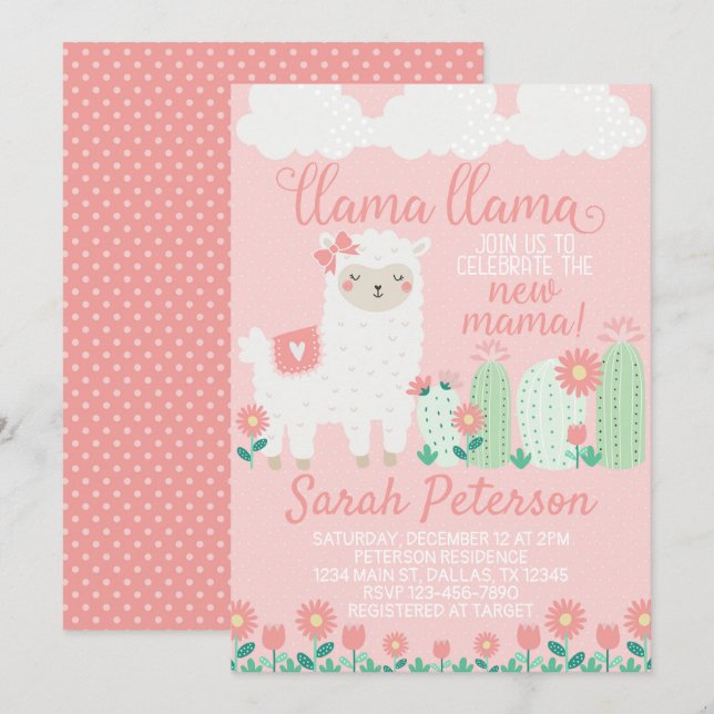 Baby shower rose Llama Invitation de l'invitation (Devant / Derrière)