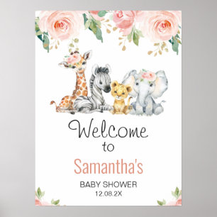 Baby shower rose or Floral Safari Affiche de bienv