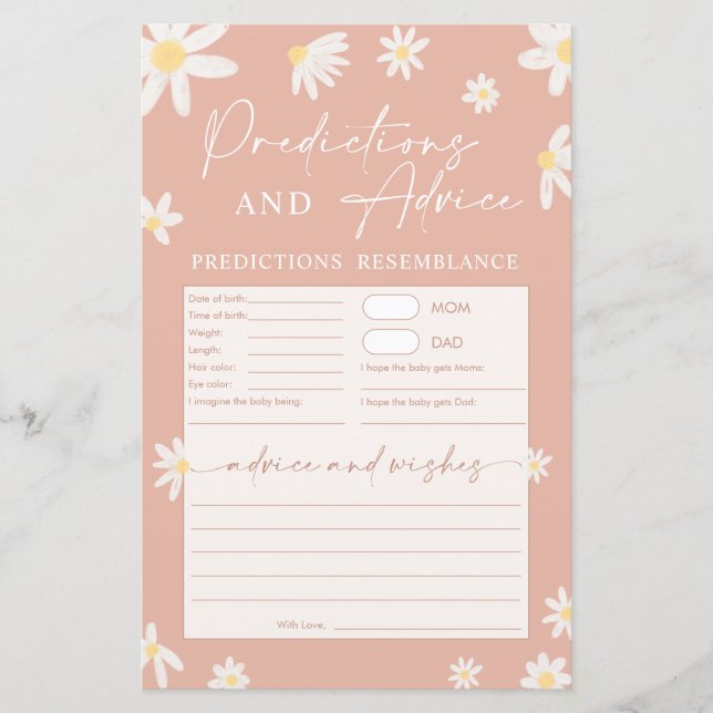 Baby shower rose prédictions et carte de conseil (Devant)