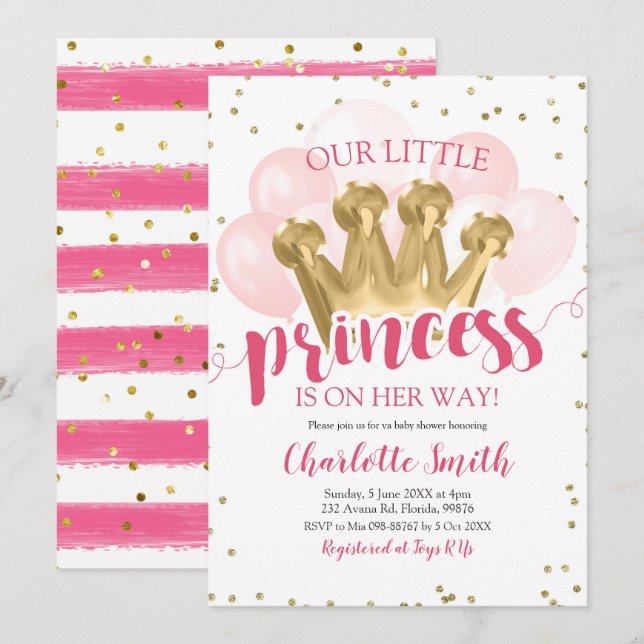 Baby shower Rose Princess Invitation Anniversaire (Devant / Derrière)