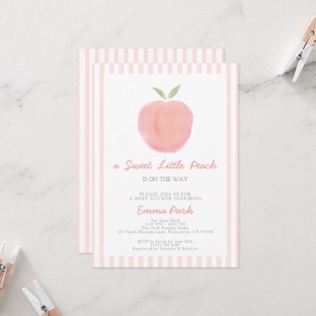 Baby shower rose sucré Petit Pêche Invitation (Devant/Arrière en situation)