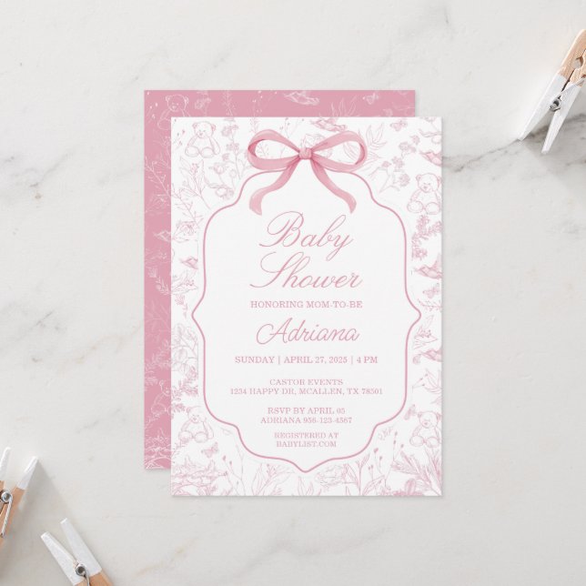 Baby shower rose Toile De Jouy avec Invitation Bow (Devant/Arrière en situation)