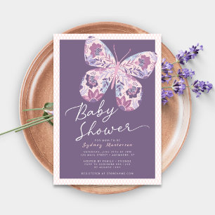 Baby shower rose violet papillon Invitation