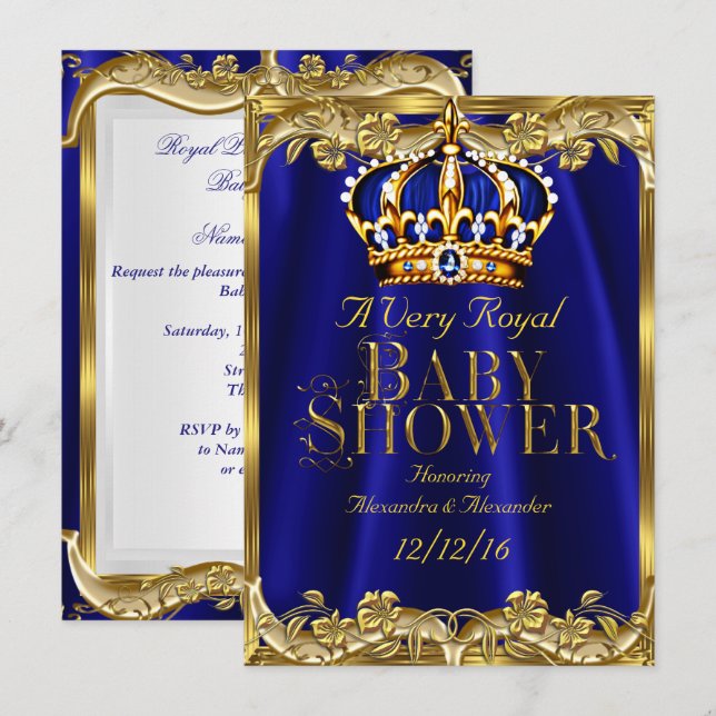Baby Shower Royal Blue Navy Gold Crown Einladung (Vorne/Hinten)
