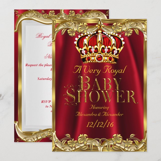 Baby Shower Royal Regal Red Gold Crown Einladung (Vorne/Hinten)
