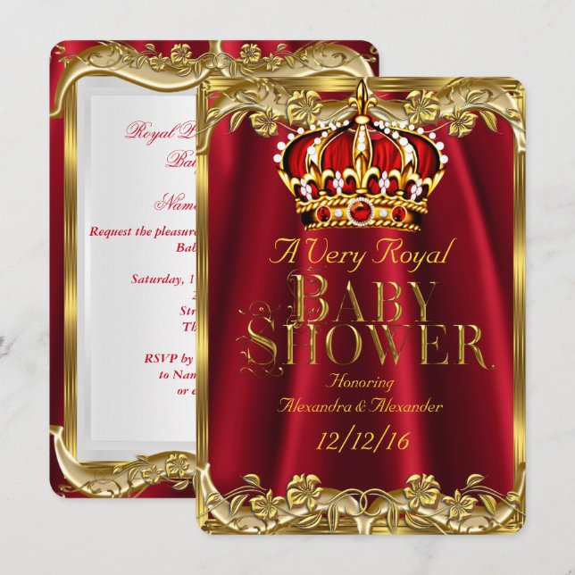 Baby Shower Royal Regal Red Gold Crown Einladung (Vorne/Hinten)