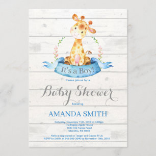 Baby shower Rustic Boy Giraffe Invitation Bleu