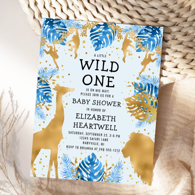 Baby shower Safari Blue Gold Boy Invitation (Créateur téléchargé)