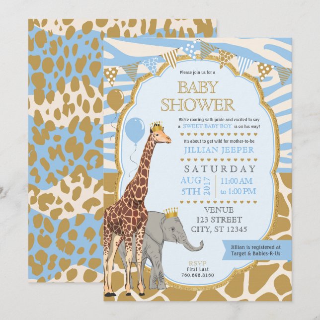 Baby shower Safari Invitation - Blue Boy (Devant / Derrière)