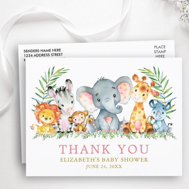 Baby Shower Safari Tiere Danke Pink Postkarte (Customize to change text size, color or text style.)