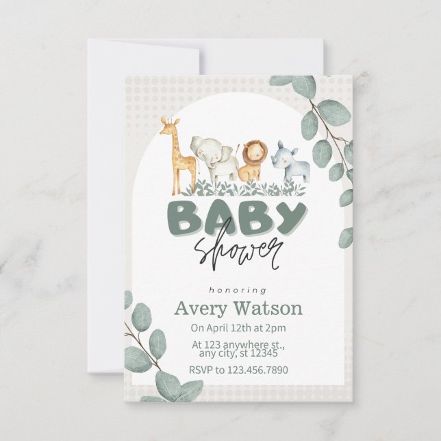 Baby shower Safari vert Invitation (Devant)