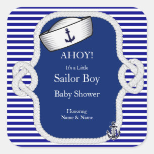 Baby Shower Seglerhut Junge Blau gestreift Quadratischer Aufkleber