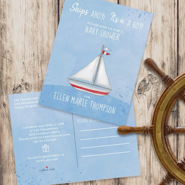 Baby Shower Ship Ahoy Es ist eine Boy Geschenkregi Einladungspostkarte (Von Creator hochgeladen)