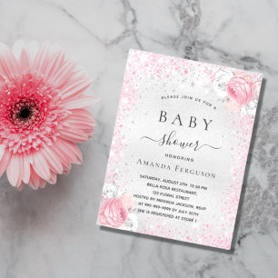 Baby-Shower Silber Glitter Rosa Mädchen Floral Einladung