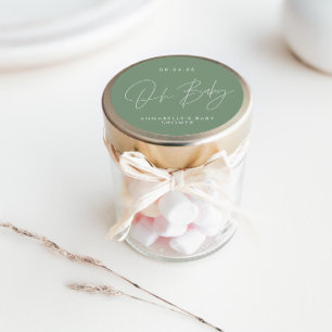 Baby-Shower-Skript moderne Salbeigrün elegante Runder Aufkleber